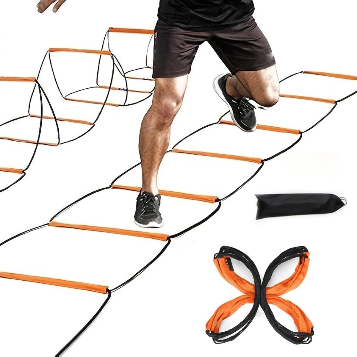 Voetenwerk Ladder - Oefenladder Trainingsladder - Behendigheidstraining Verbeteren - Verstelbare Rasterafstanden - 96 meter - Oranje Zwart