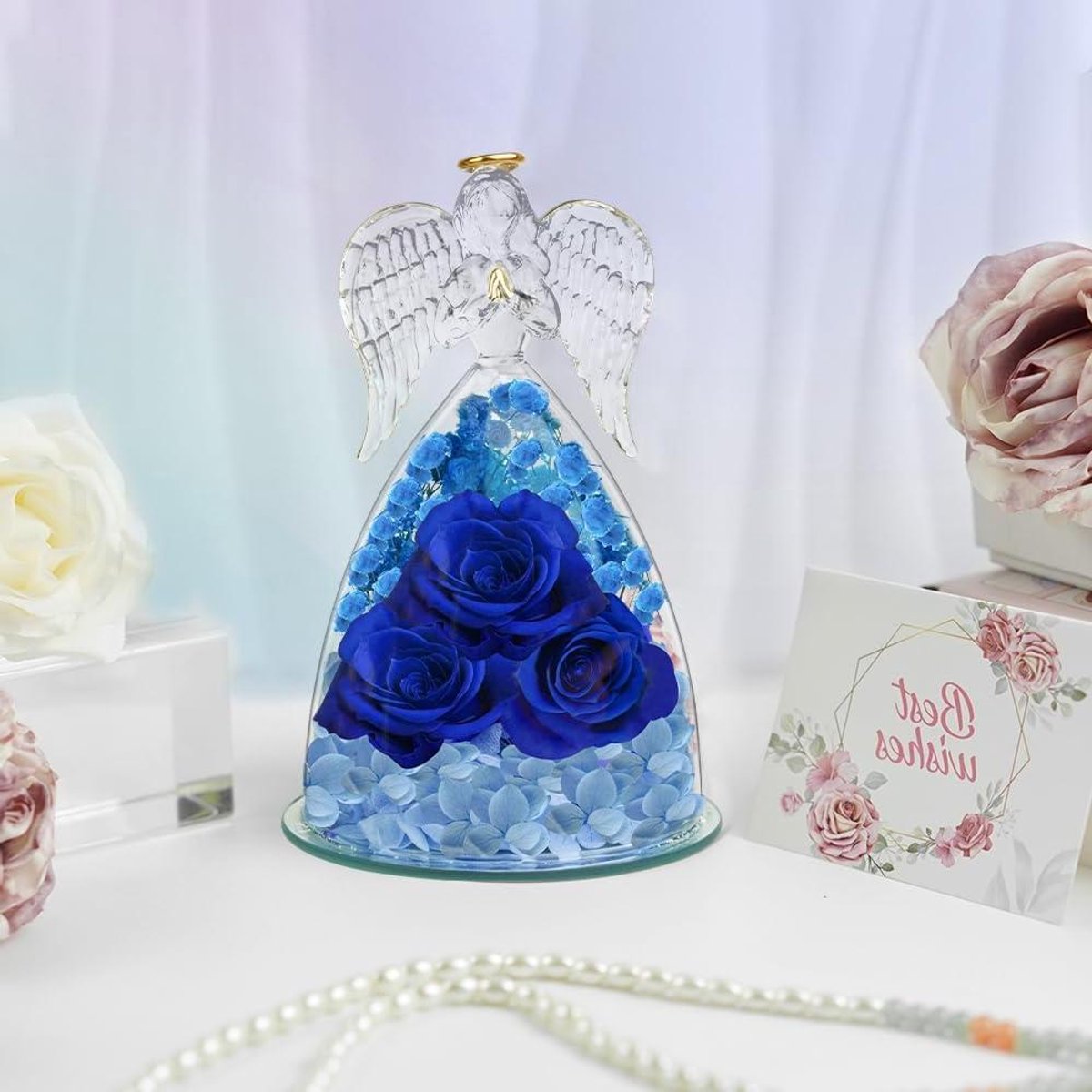 Eeuwige Roos Engel - Roos in Glas - Cadeau Geven - Houdbaar 3-5 Jaar - 1 Stuk - Blauw