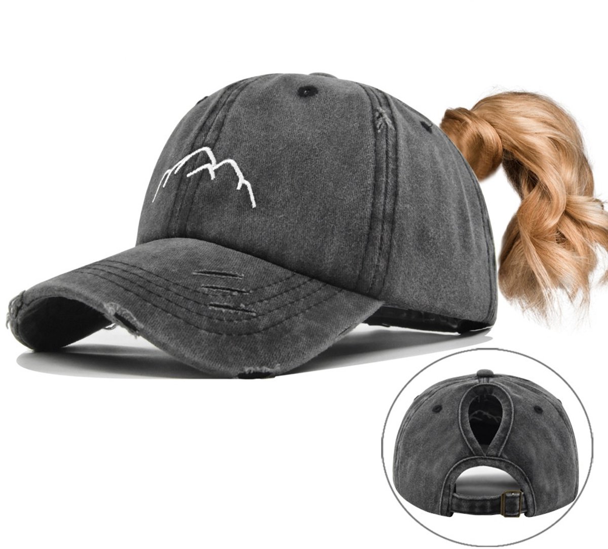 Dames katoenen retro baseballpet - Verstelbare klep - Sportpet voor buiten - Stijlvolle en eenvoudige zonnekap - Zwart (met scheuren)