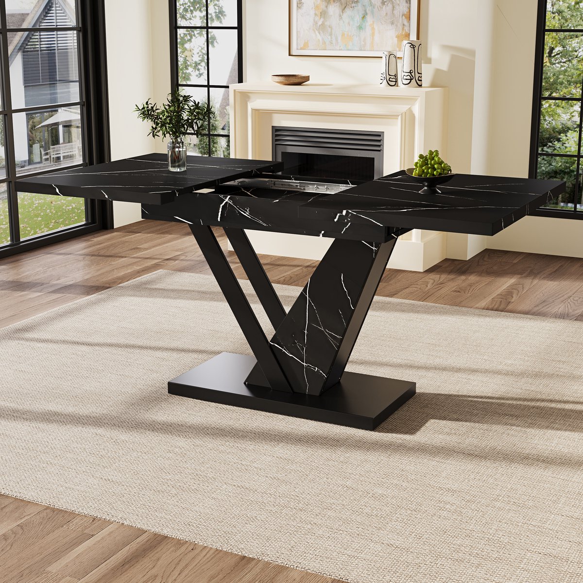 Uitschuifbare Eettafel (120-160*75cm), Tafel met Verlengstukken, Keukentafel, Uitschuifbaar tot 120-160cm met Behulp van Interne Verlengstukken, voor Keuken en Woonkamer, Eettafel met Zwart Marmerpatroon