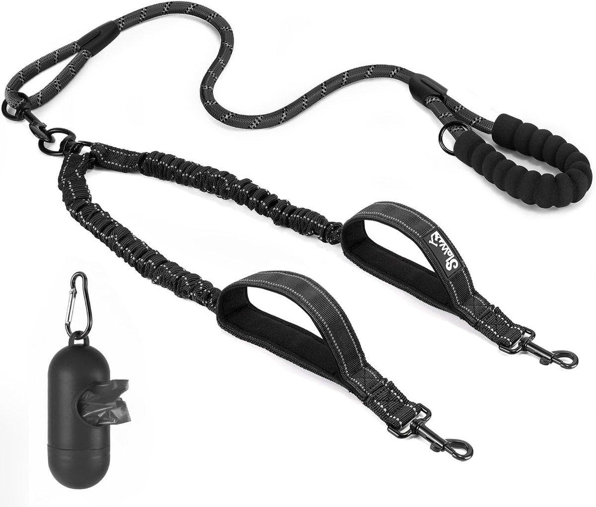 Dubbele riem voor 2 honden, 360° draaibare, knoopvrije, reflecterende hondenriem met 4 gewatteerde handvatten, schokabsorberende trainingsriem voor kleine tot middelgrote honden van 3 tot 16 kg (zwart)