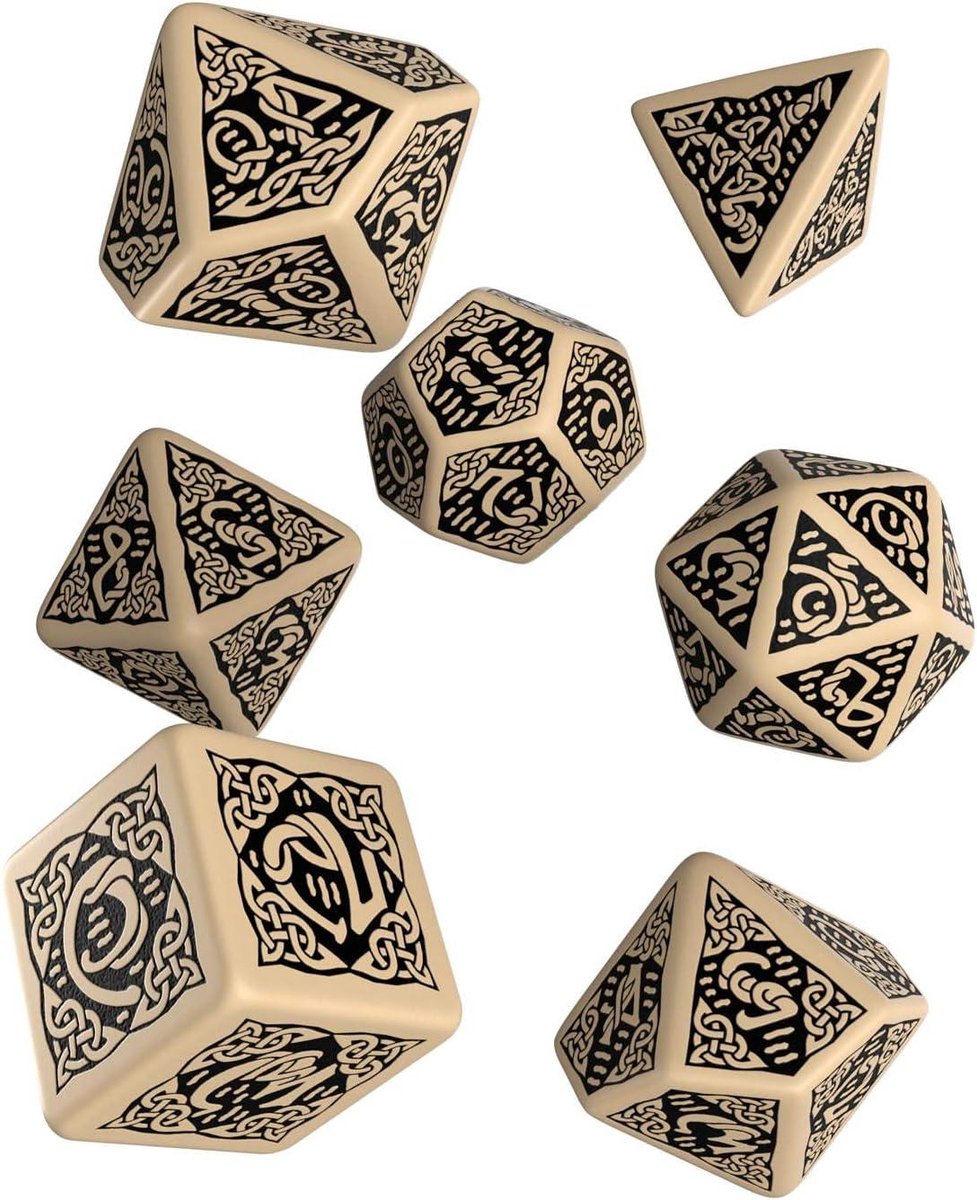 RPG Dobbelstenen Set - Veelvlaks Dobbelstenen - Spelavonden Organiseren - Celtic 3D Ontwerp - 7 Stuks - Beige Zwart
