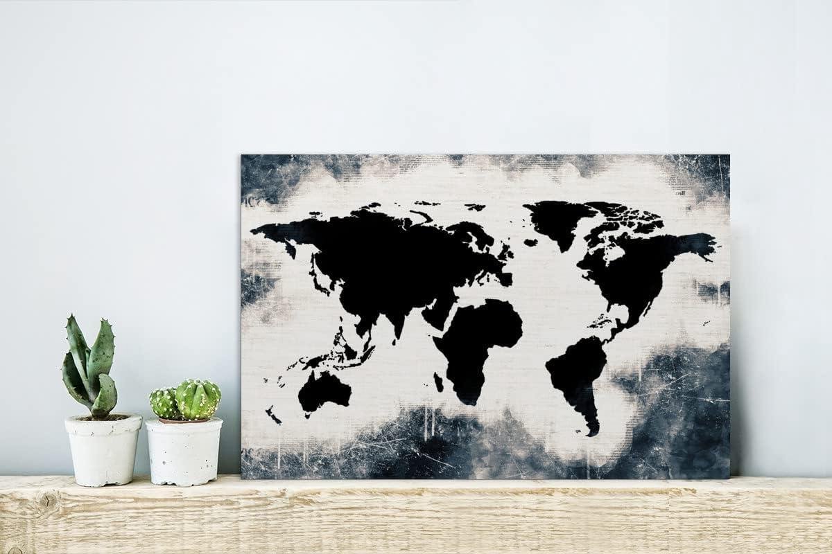 Glasschilderij Wereldkaart - Wanddecoratie Glas - Woonkamer Decoratie - Scherpe Kleurafdruk - 30x20 cm - Zwart