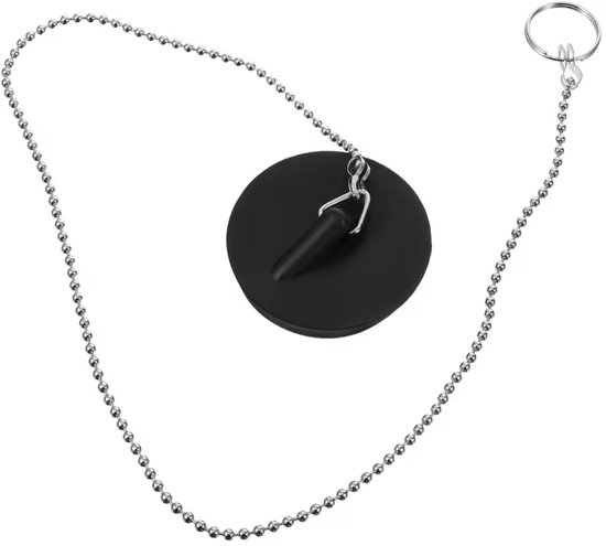 Bouchon d'évier en caoutchouc noir avec chaîne à billes argentée de 40 cm et anneau.