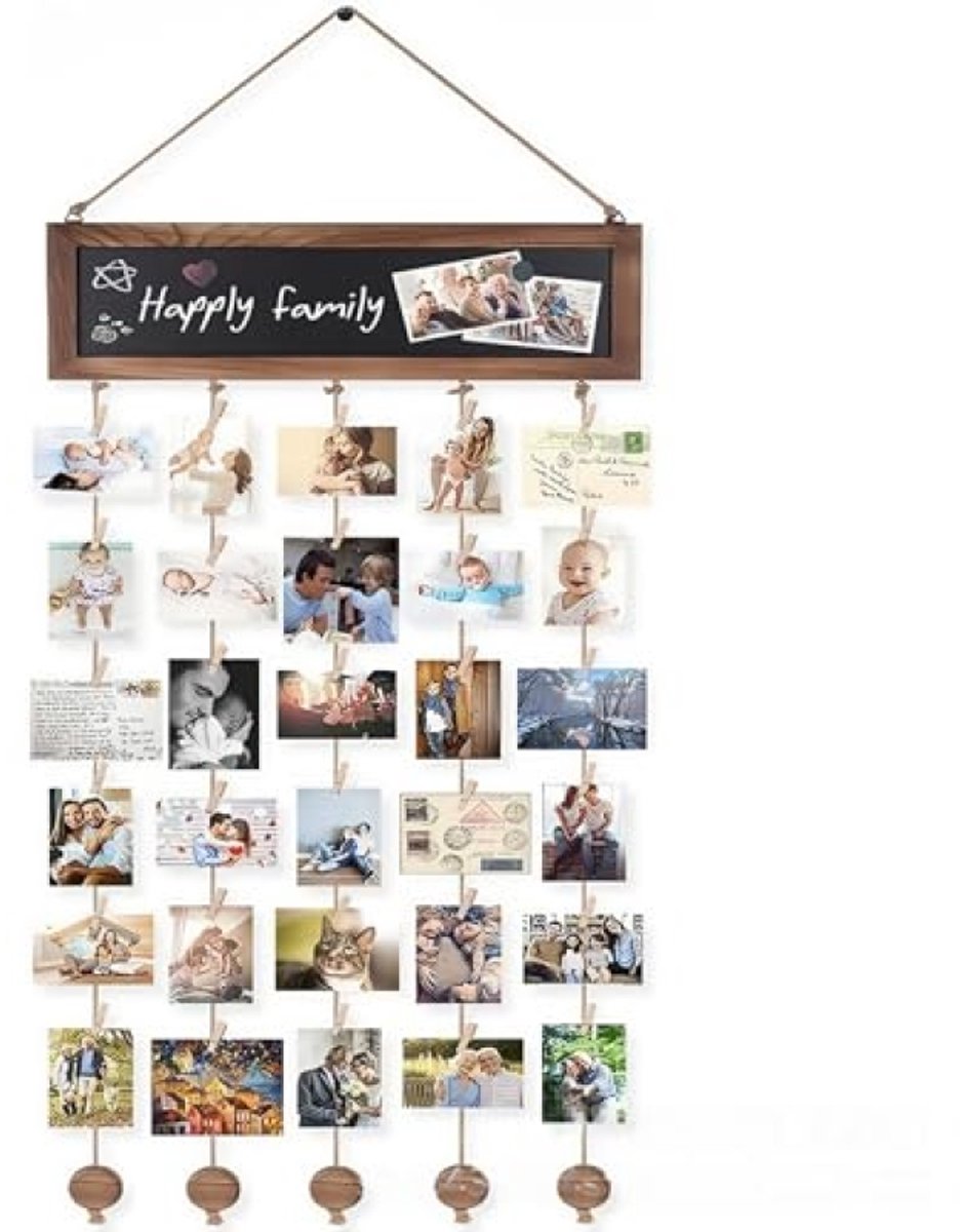 PromoHome Fotogordijn met 40 houten klemmen en 10 fotolijsten - DIY fotowand - Henneptouw 2 m - Bruin