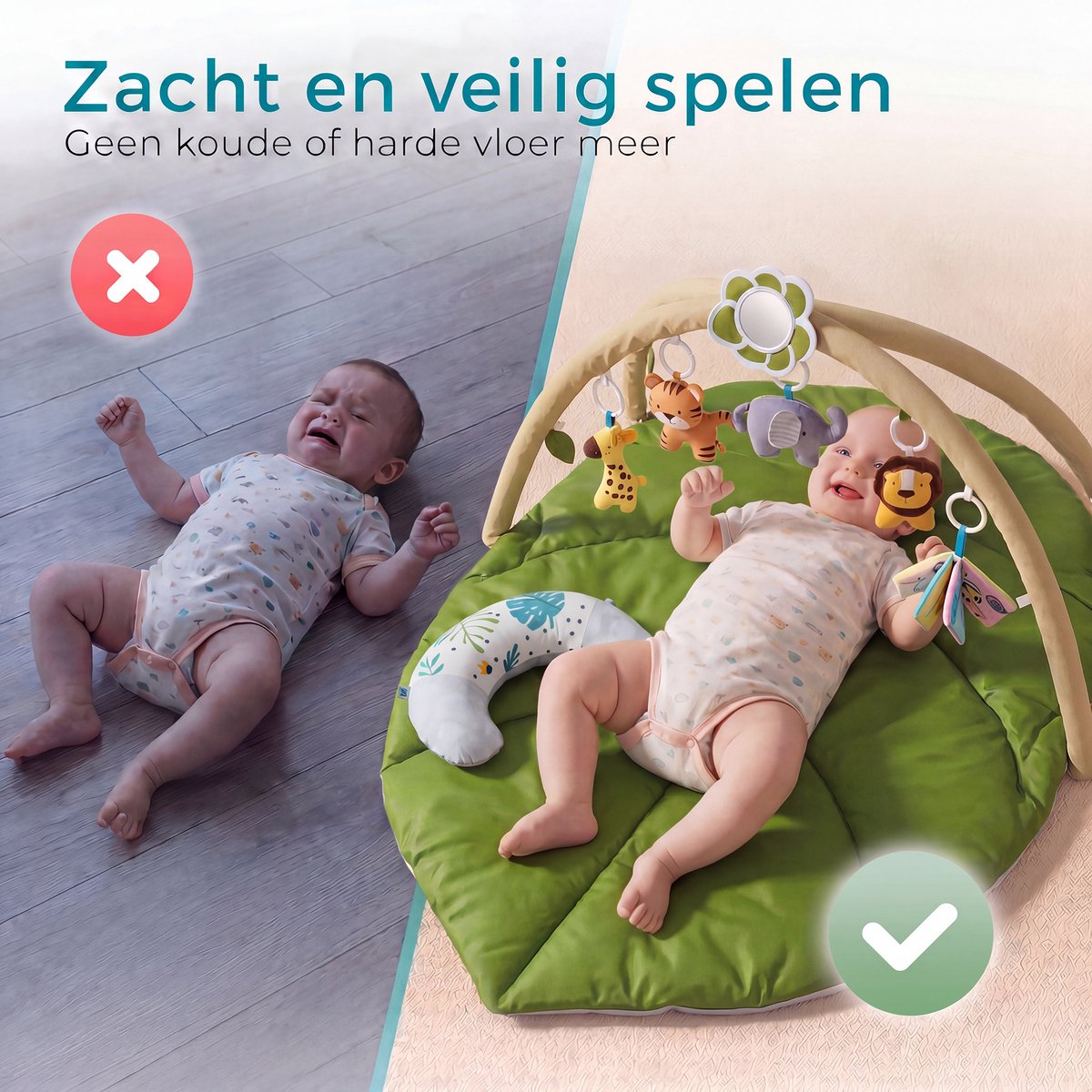 Babygym met boog - Speelmat - Speelkleed - Baby speelgoed - Babyshower - Boxkleed - Speelmat baby - 5 Speeltjes - Inclusief Rammelaar - Groen blaadje — afbeelding 9