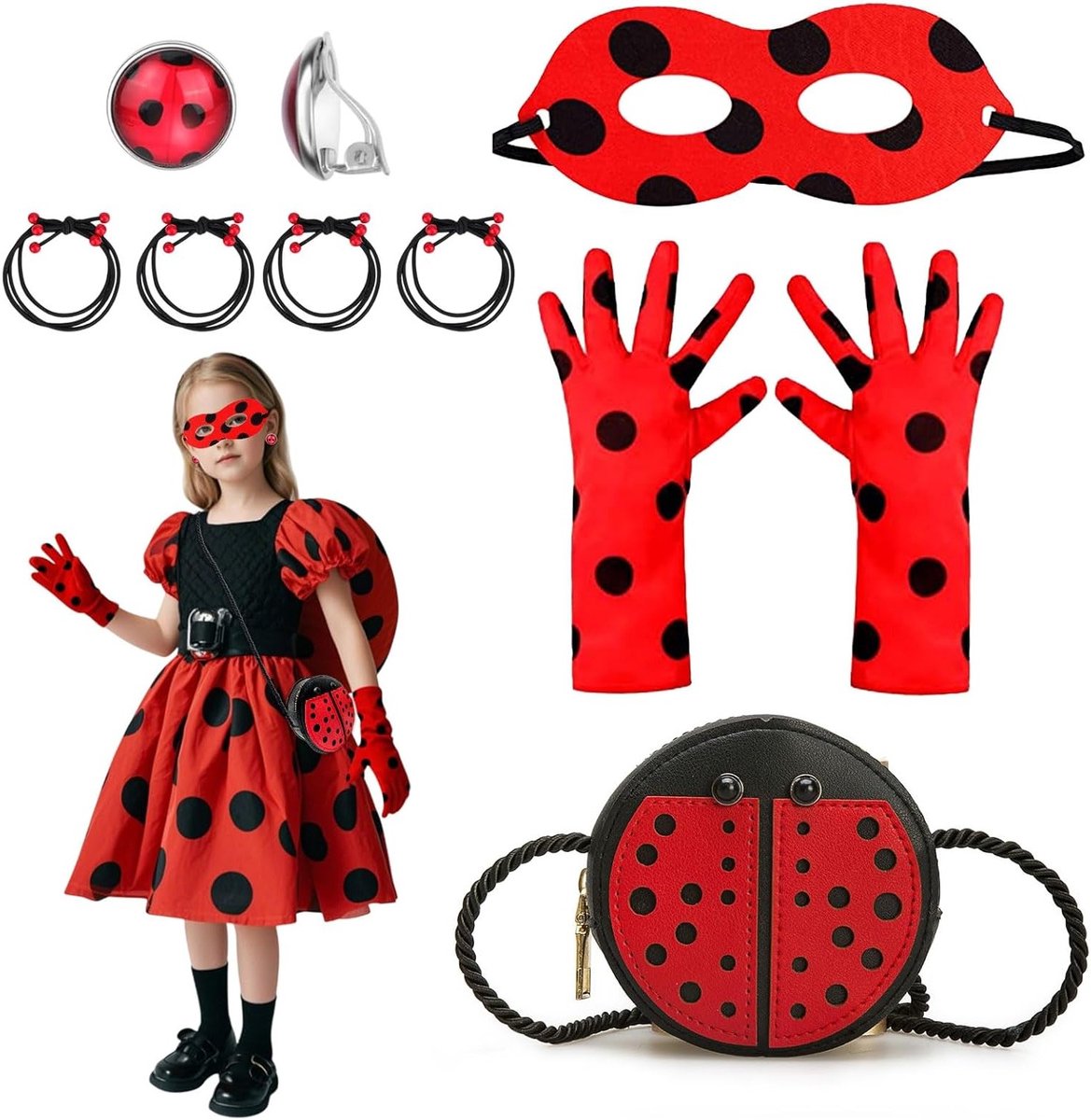 Complete Set voor een Lieveheersbeestje Kostuum: Masker, Handschoenen, Tas, Haarbanden en Oorbellen voor Kinderen en Meisjes, Perfect voor Carnaval en Cosplay