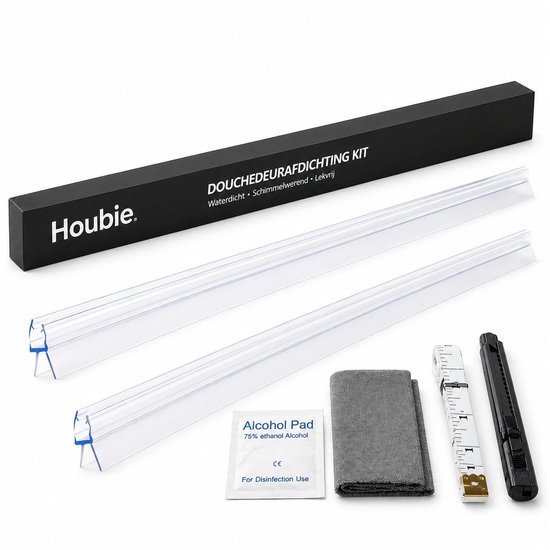 Houbie douchedeur afdichting kit met twee doorzichtige strips, alcopad, microvezeldoek, meetlint en mesje.