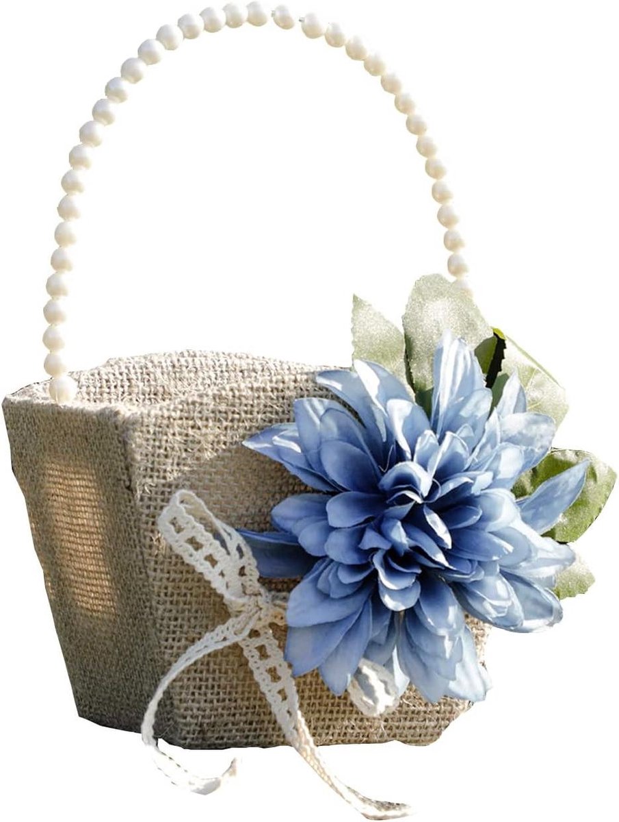 Bloemenmeisjesmand - Bruiloft mandje - Bloemblaadjes strooien - Handgemaakt linnen design - 22 x 14 x 10cm - Blauw