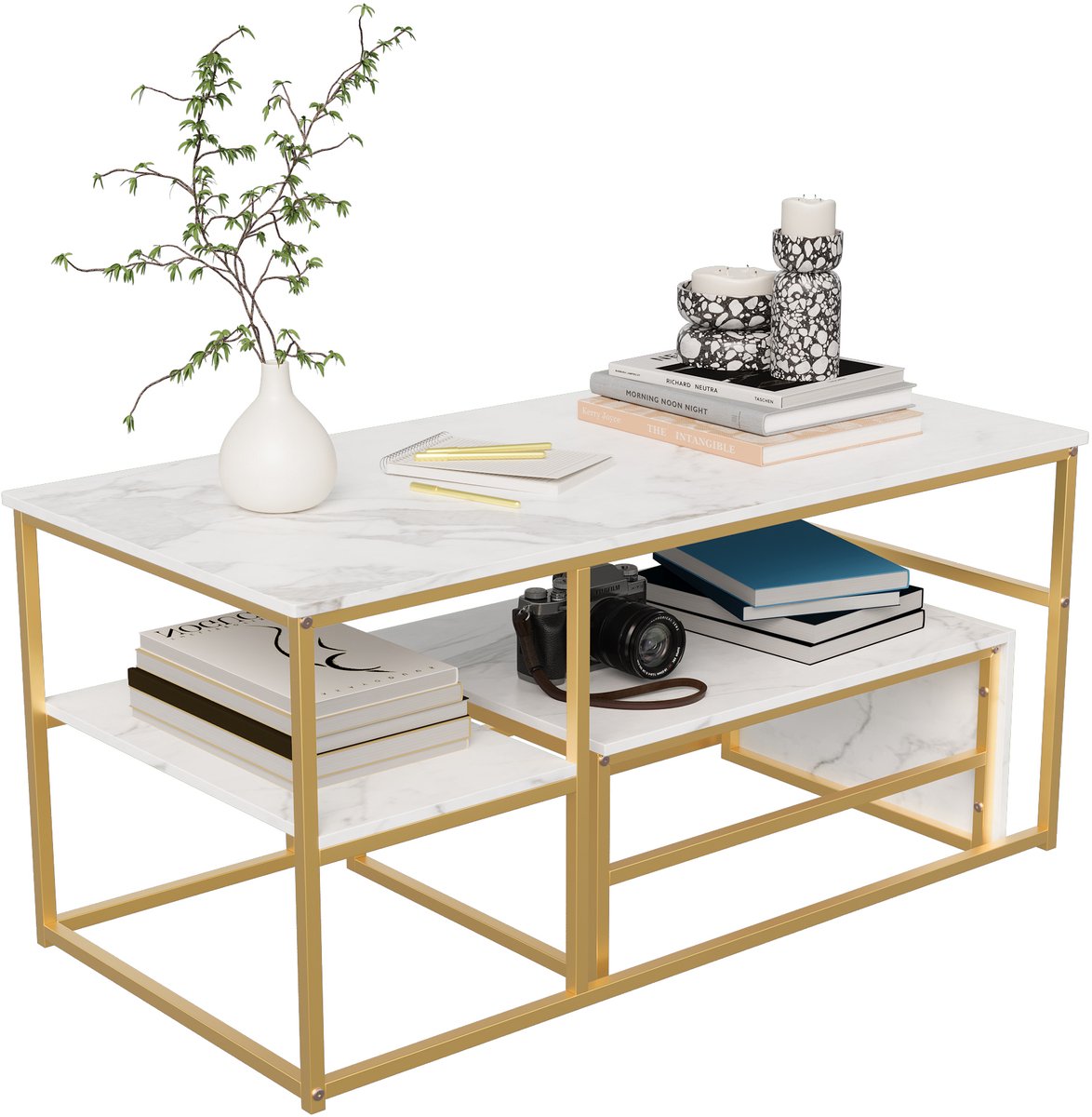 ROSAHQNDA - Salontafelset van 2 - Gouden bijzettafel - Vierkante bijzettafel - Wit - Salontafelset