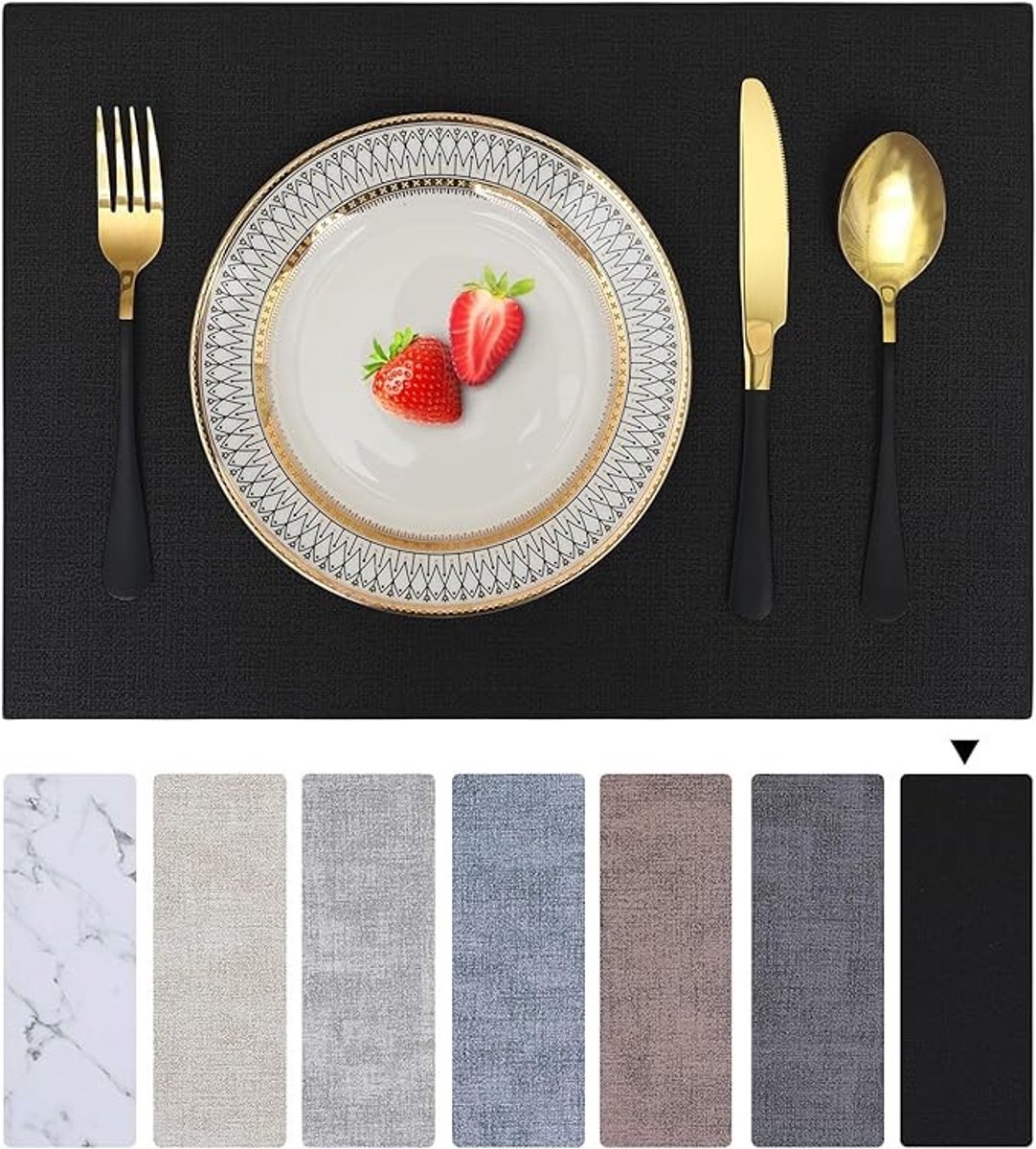 6-delige set waterdichte placemats, afwasbaar, dubbelzijdig, antislip, zwart