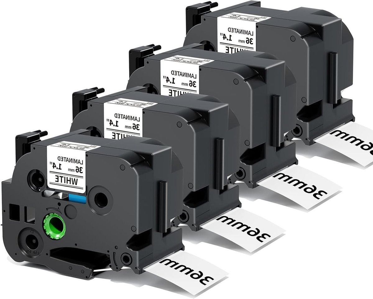 36mm Label Tape voor Brother P-Touch, Zwart op Wit, Geschikt voor PT-P910BT, PT-P950NW, PT-P900W, Verpakking van 4 Stuks, Ideaal voor Organisatie en Labeling