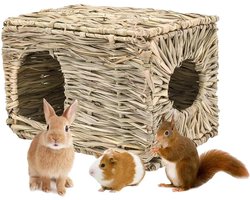 Vouwbaar Dierenhuis van Woven Materiaal voor Konijnen, Cavia's en Kleine Dieren - Speelhuis Bed met Hooi Mat en Kauwspeelgoed, 30 x 20 x 20 cm