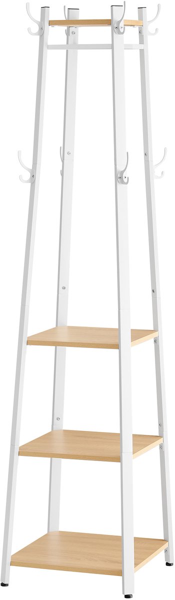 Vasagle Kapstok - Kapstok Hout - Kapstok met 4 Planken - 8 Dubbele Haken - Kledingstang - Metalen Frame Eiken-wit
