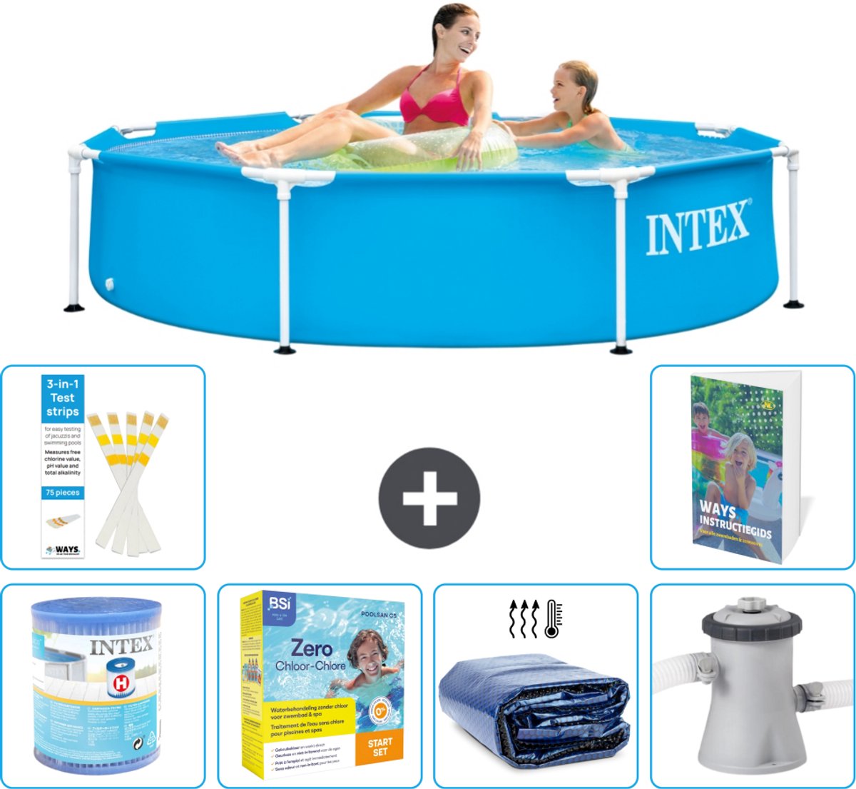 Intex Rond Frame Zwembad - 244 x 51 cm - Blauw - Inclusief Filter - Onderhoudspakket - Solarzeil - Zwembadfilterpomp - 7-delig