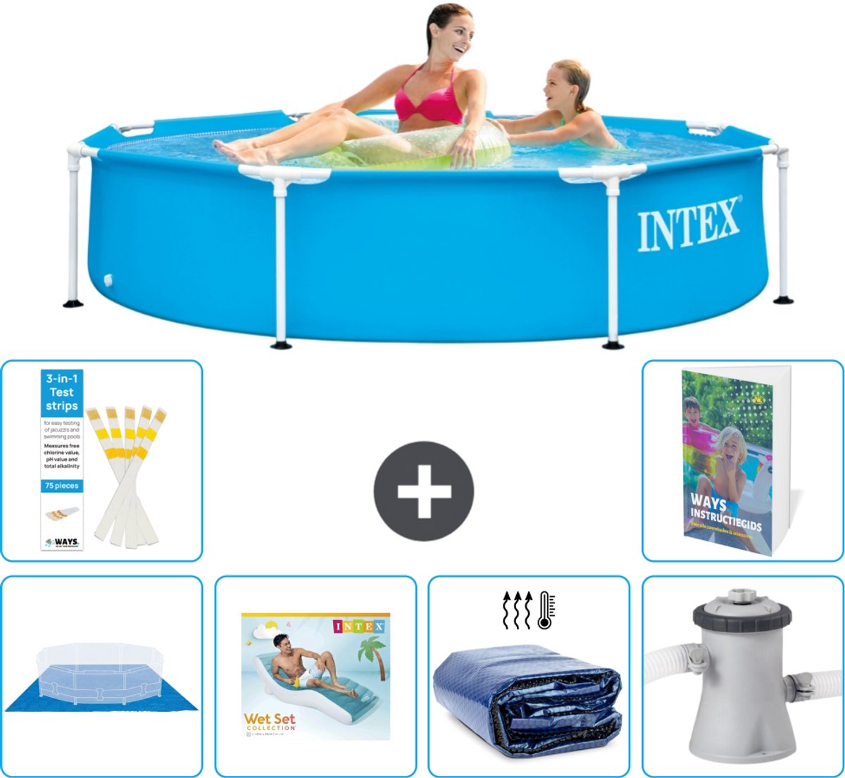 Intex Rond Frame Zwembad - 244 x 51 cm - Blauw - Inclusief Grondzeil - Loungebed - Solarzeil - Zwembadfilterpomp - 7-delig