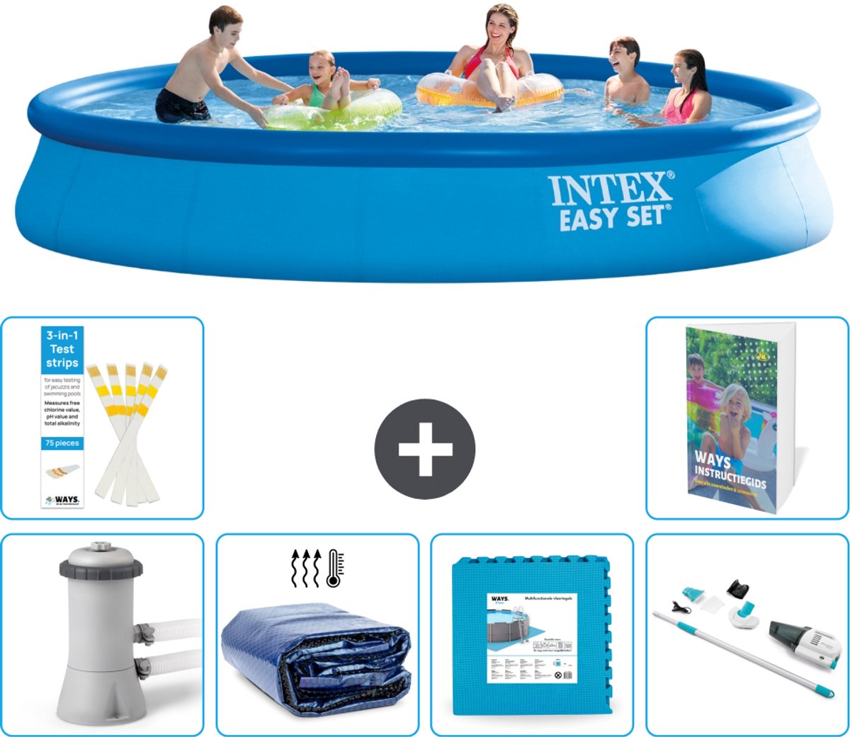 Intex Rond Opblaasbaar Easy Set Zwembad - 457 x 84 cm - Blauw - Inclusief Pomp Solarzeil - Vloertegels - Stofzuiger - 7-delig