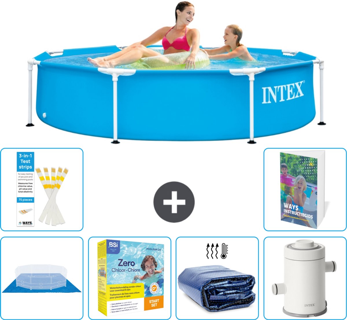 Intex Rond Frame Zwembad - 244 x 51 cm - Blauw - Inclusief Grondzeil - Onderhoudspakket - Solarzeil - Zwembadfilterpomp - 7-delig