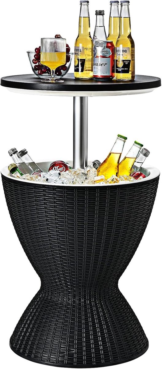 Koelbox Rotan Look - IJsemmer Drankkoeler - Feestjes Tuinfeesten - Inklapbaar Dienblad - 30 Liter Capaciteit - Zwart