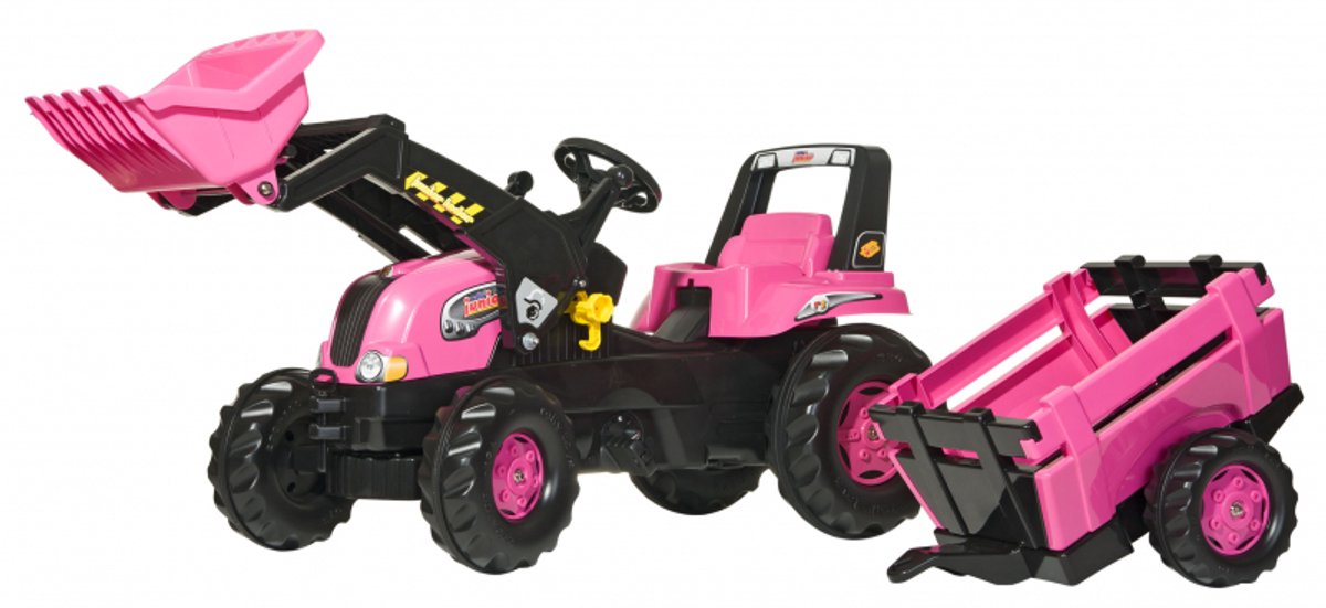 Rolly Toys traptractor Kid Junior met voorlader en aanhanger roze.
