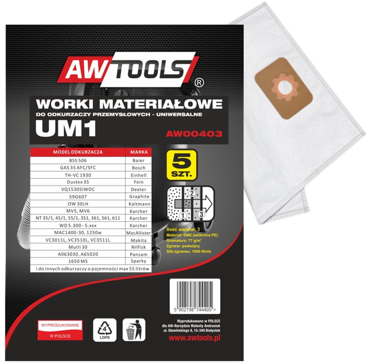 Awtools UM1 Serie - Stofzuigerzakken - 5 stuks - Microvezel - 3-laags