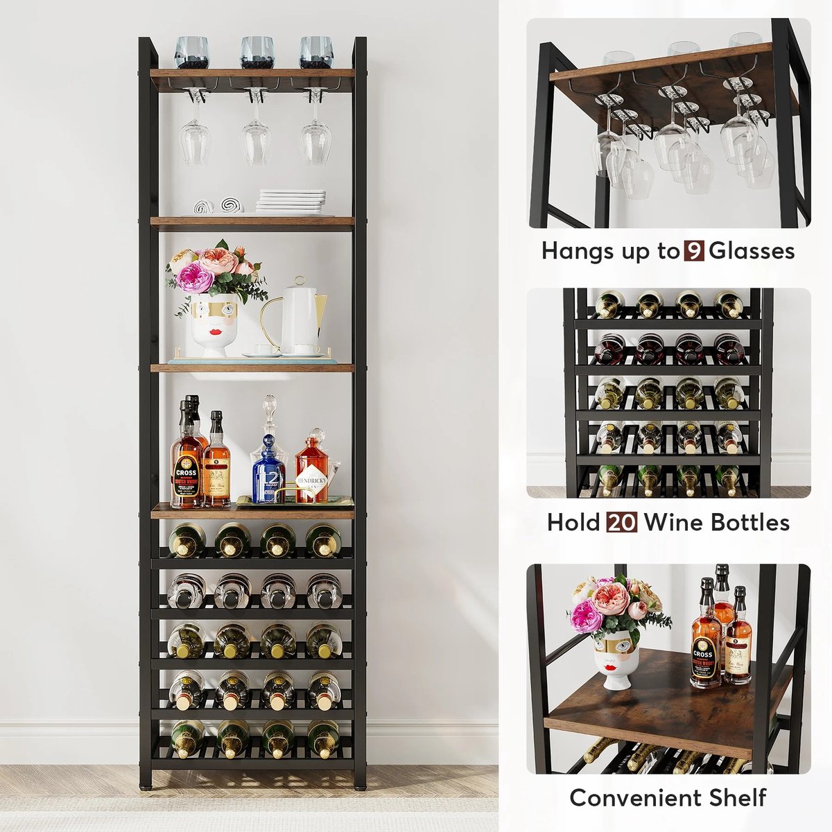 Roossentials wijnkast - Wijnrek - Drankkast - Kast - Flessenhouders - Glazen houder - Industrieel - Hout en metaal - Bruin/Zwart