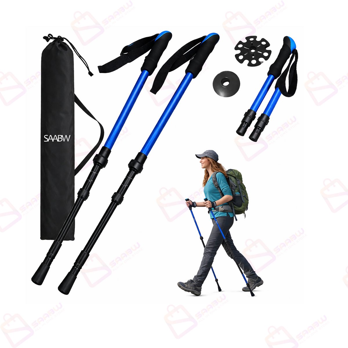 Nordic Walking Stokken Blauw – Verstelbare Trekkingstokken Aluminium met Anti-Shock & Accessoires – wandelstokken set – trekking poles aluminium – hiking stokken – nordic walking stokken verstelbaar – walking poles blauw – 86842