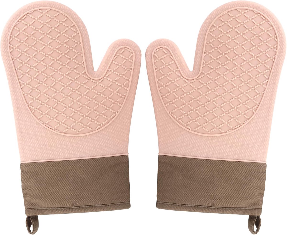 Ovenwanten Set - Hittebestendige Handschoenen - Keukenwerk - Antislip Siliconen Buitenkant - 29x21 cm - Roze