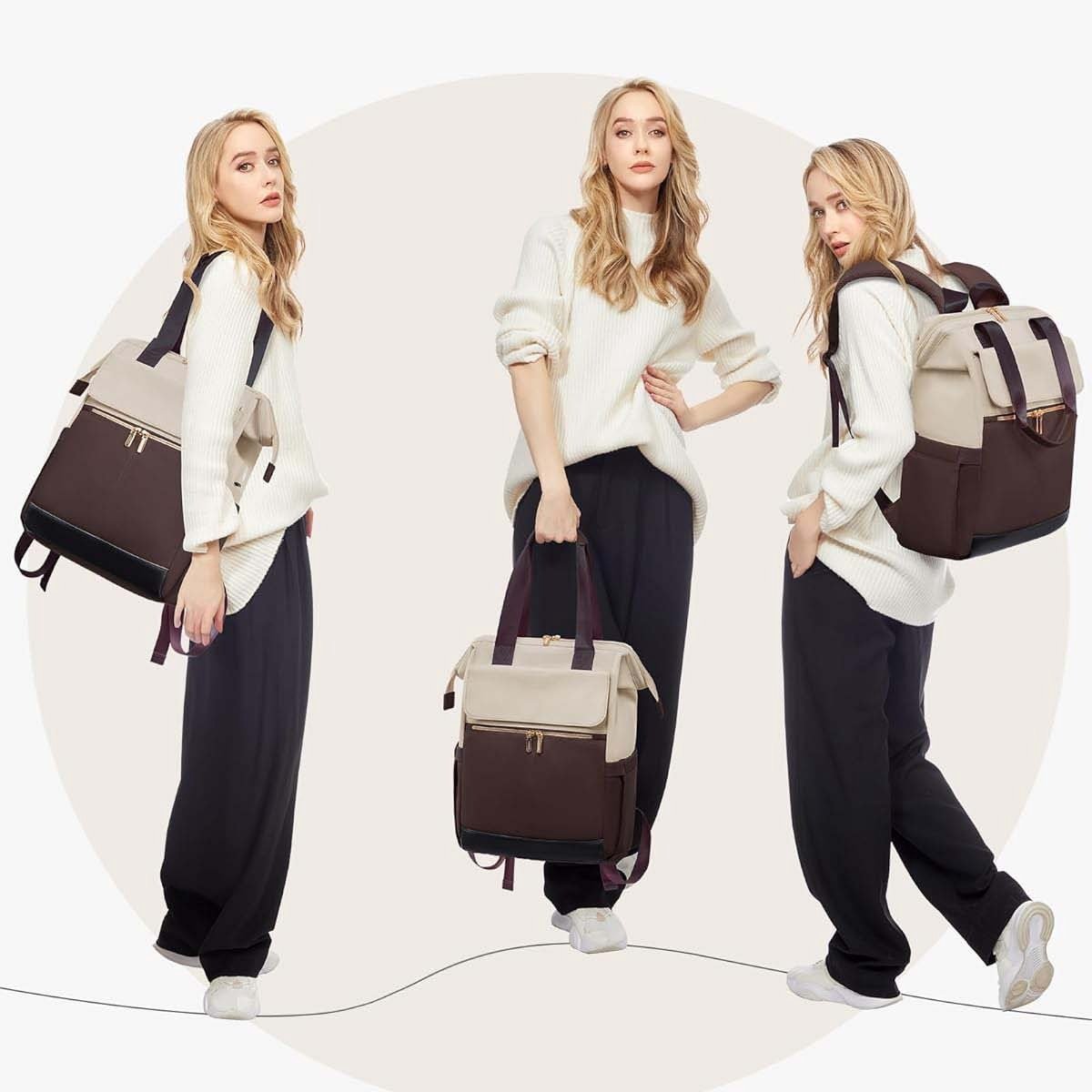 Groot Rugzak Dames - Laptop Rugzak - Met Laptopvak 15 Inch -Reisrugzak Dames - Reisrugzak Dames Waterdichtt - Zakelijke Handbagage voor Reizen Vakantie Kantoor - Schooltas Modern - Beige en Koffie 20X30X43cm thumbnail 8