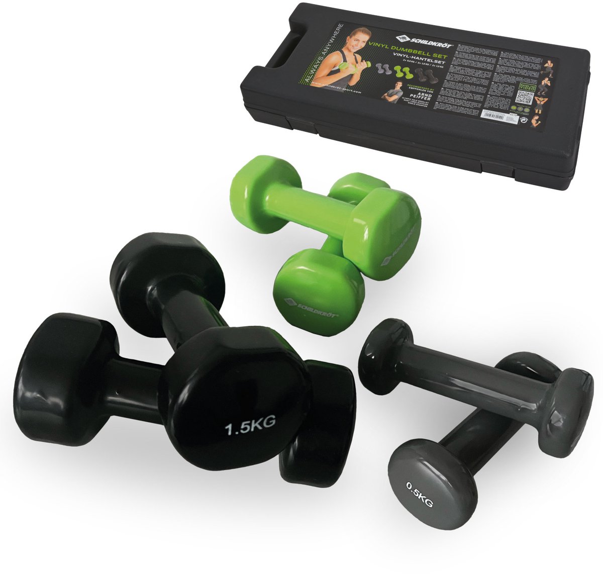 Schildkröt Fitness Dumbbells - Koffer Met 3 Paar Dumbbells - Gietijzer - Groen/Zwart/Antraciet
