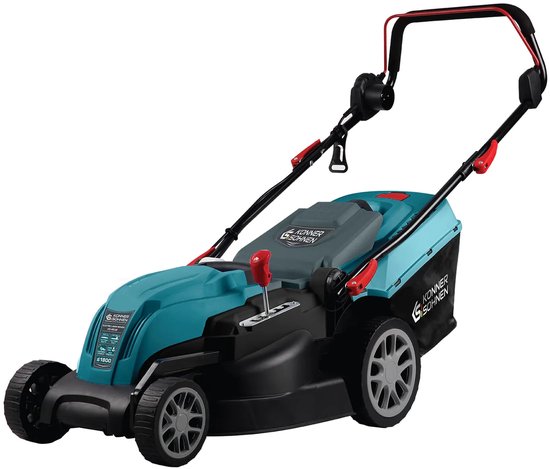 Elektrische grasmaaier met een turquoise bovenkant, zwarte details, rode accenten en een grasopvangzak met logo.