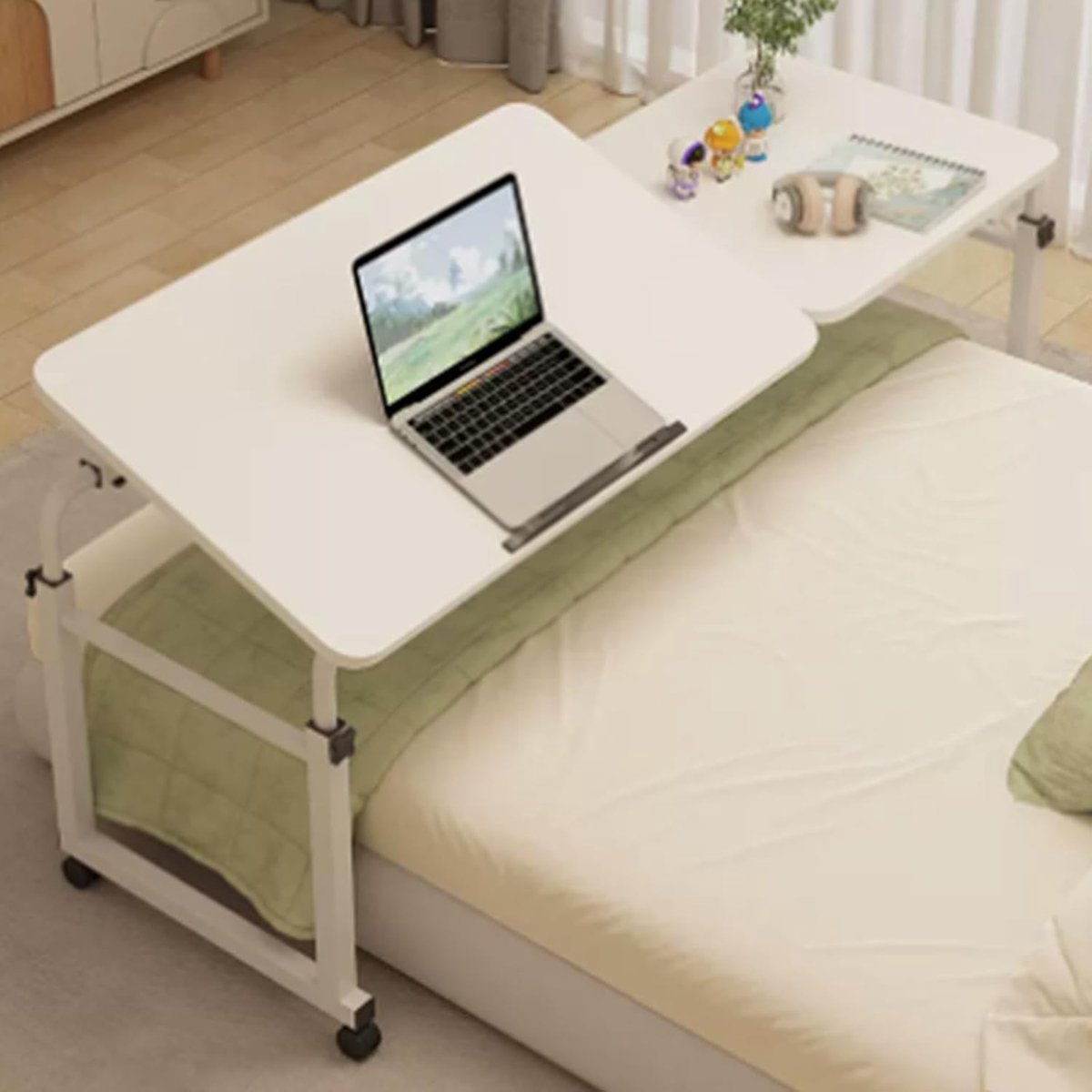 Bedtafel Op Wielen - Laptop Bureau - Werken en Ontbijten - Verstelbare Hoogte - 80x45cm - Wit