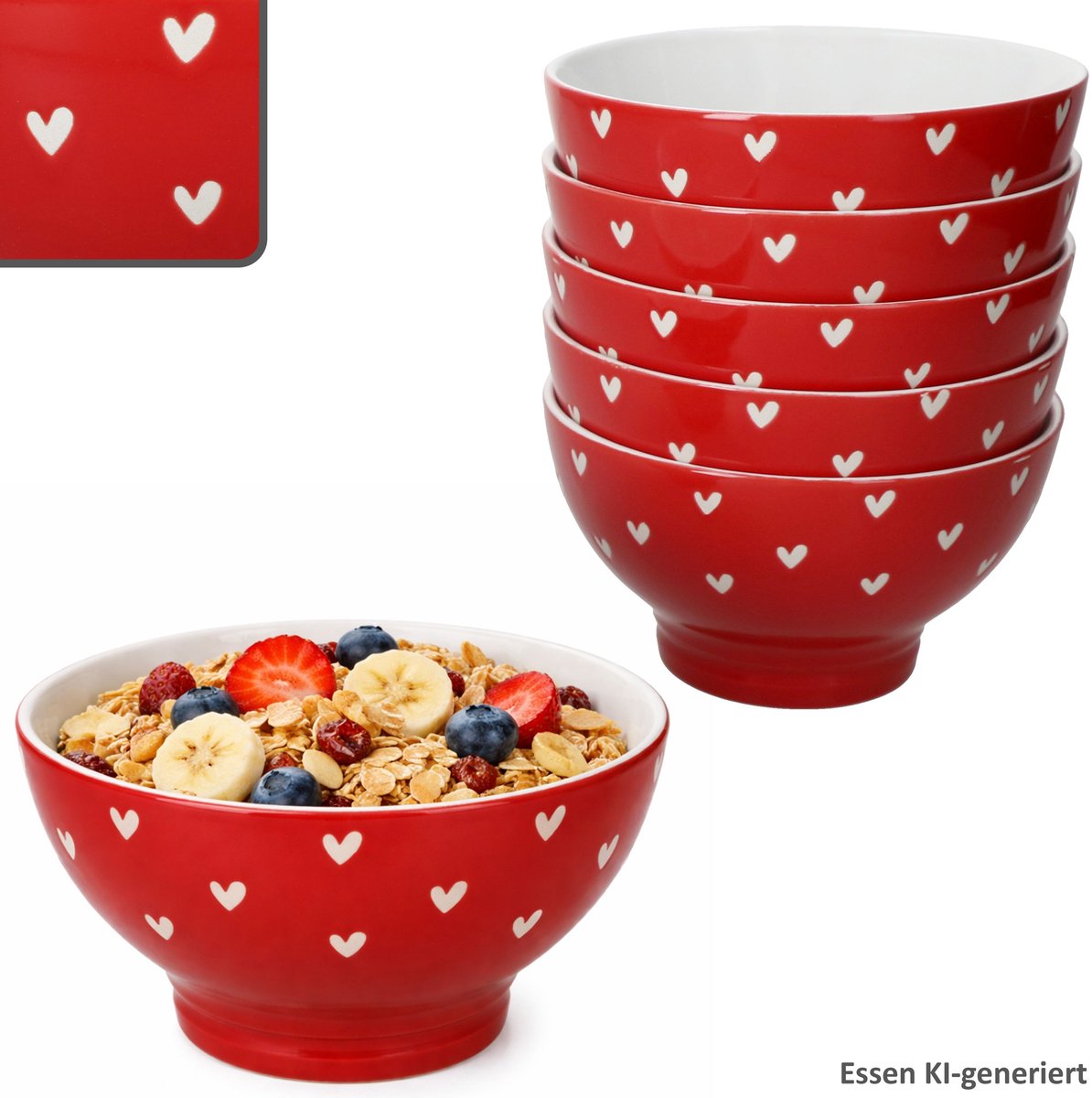 6-delige set LOVE (All over Hart) kom met rode kom met witte harten van porselein – 24310143