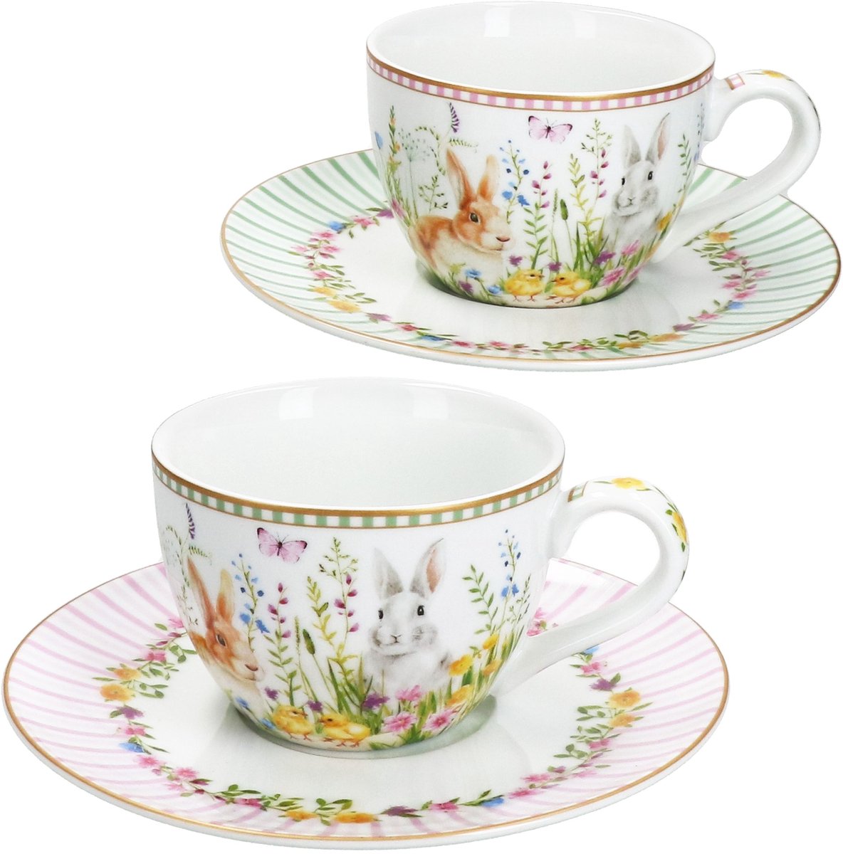 2-delige set HAPPY EASTER kopjes met schotels Groen & Roze van porselein – R0922