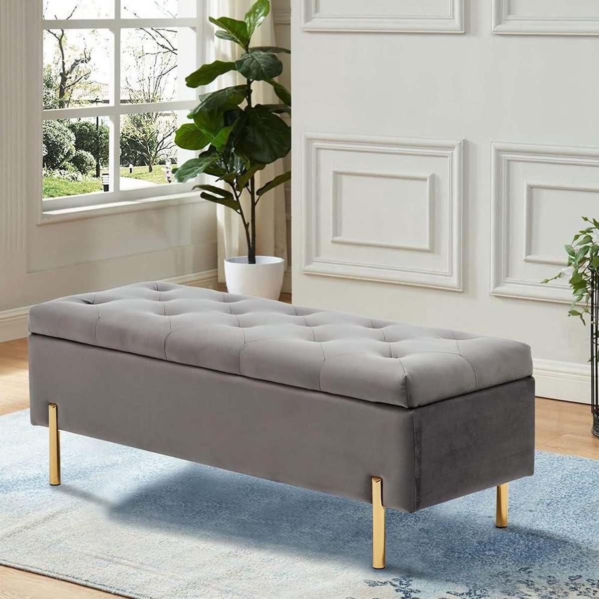 Opbergbank Ottomaans - Voetenbank Poef - Woonkamer Entree - Fluweel Zacht Comfort - 109x43x43 cm - Grijs