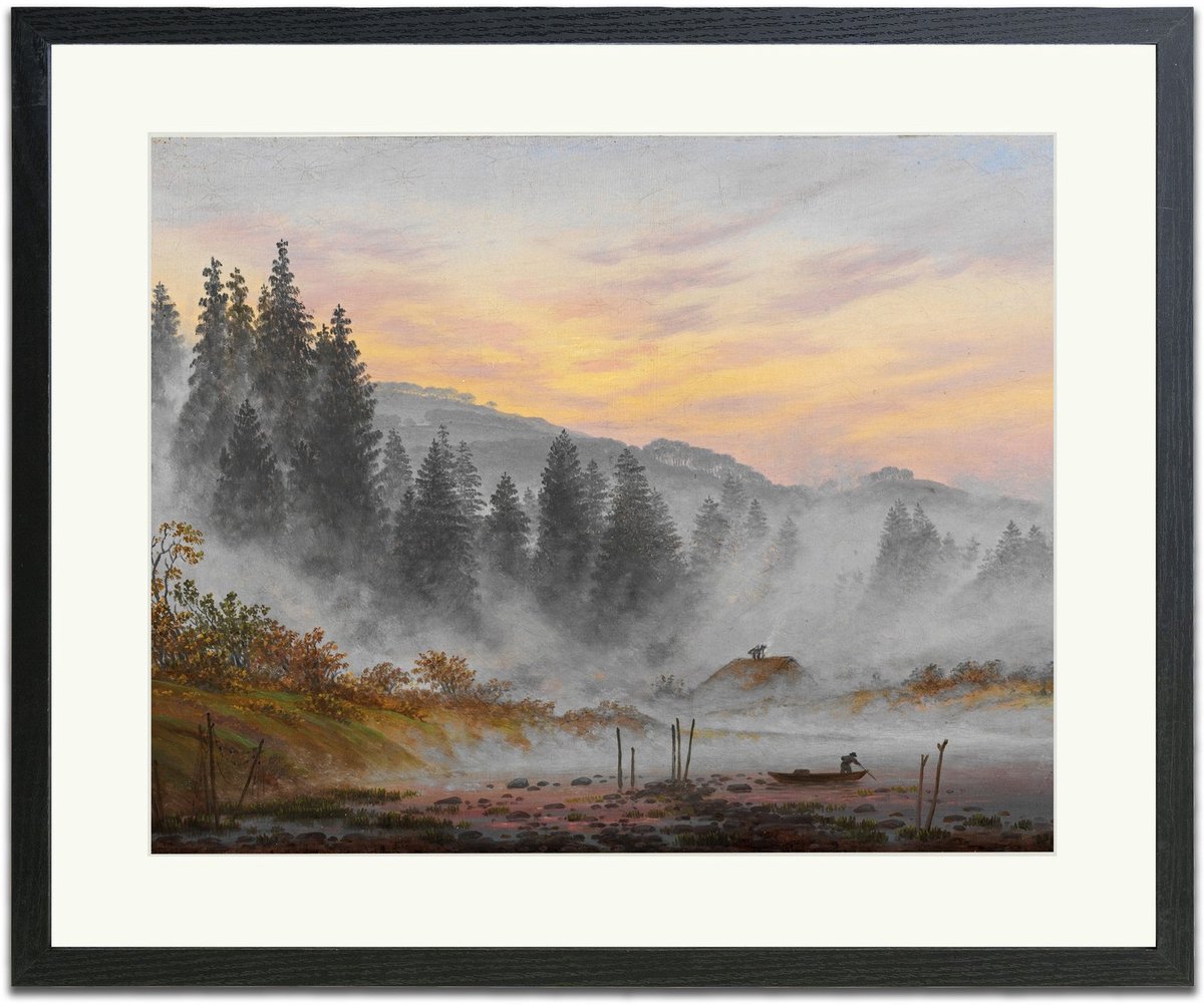 De ochtend (Caspar David Friedrich) - Ingelijste Muurkunst - 63x53cm zwart frame - Glasplaat en Passe-partout - Museum kwaliteit print