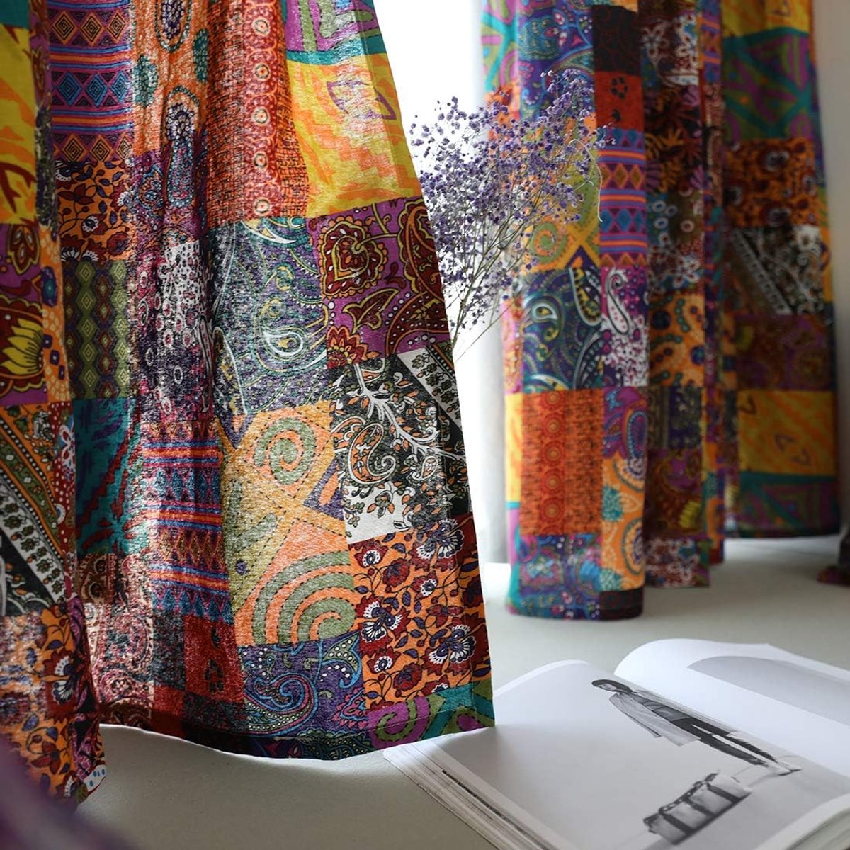 Katoenen Linnen Patchwork Gordijnen 2 Panelen – Kleurrijk Vintage Bohemian – Roedezak – Esthetisch Raamgordijn – Woonkamer Slaapkamer 55×63 Inch-Belle's product