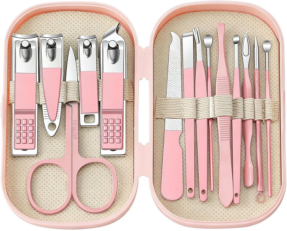 Manicure Set - Nagelverzorging Kit - Thuis en Reis - 14 Delig Roestvrij Staal - Compacte Doos - Roze