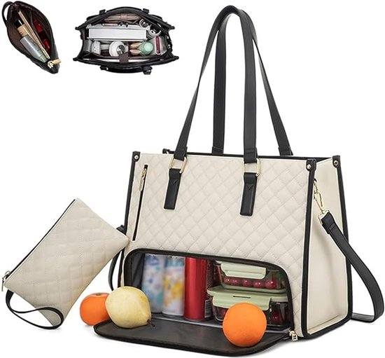 Lunchtas voor dames - Geïsoleerde lunchtas - Handtas - Koeltas - Laptop-/werktas - Handtas met koelbox - Laptoptas met meerdere compartimenten - Gebroken wit van Merkloos — afbeelding 4