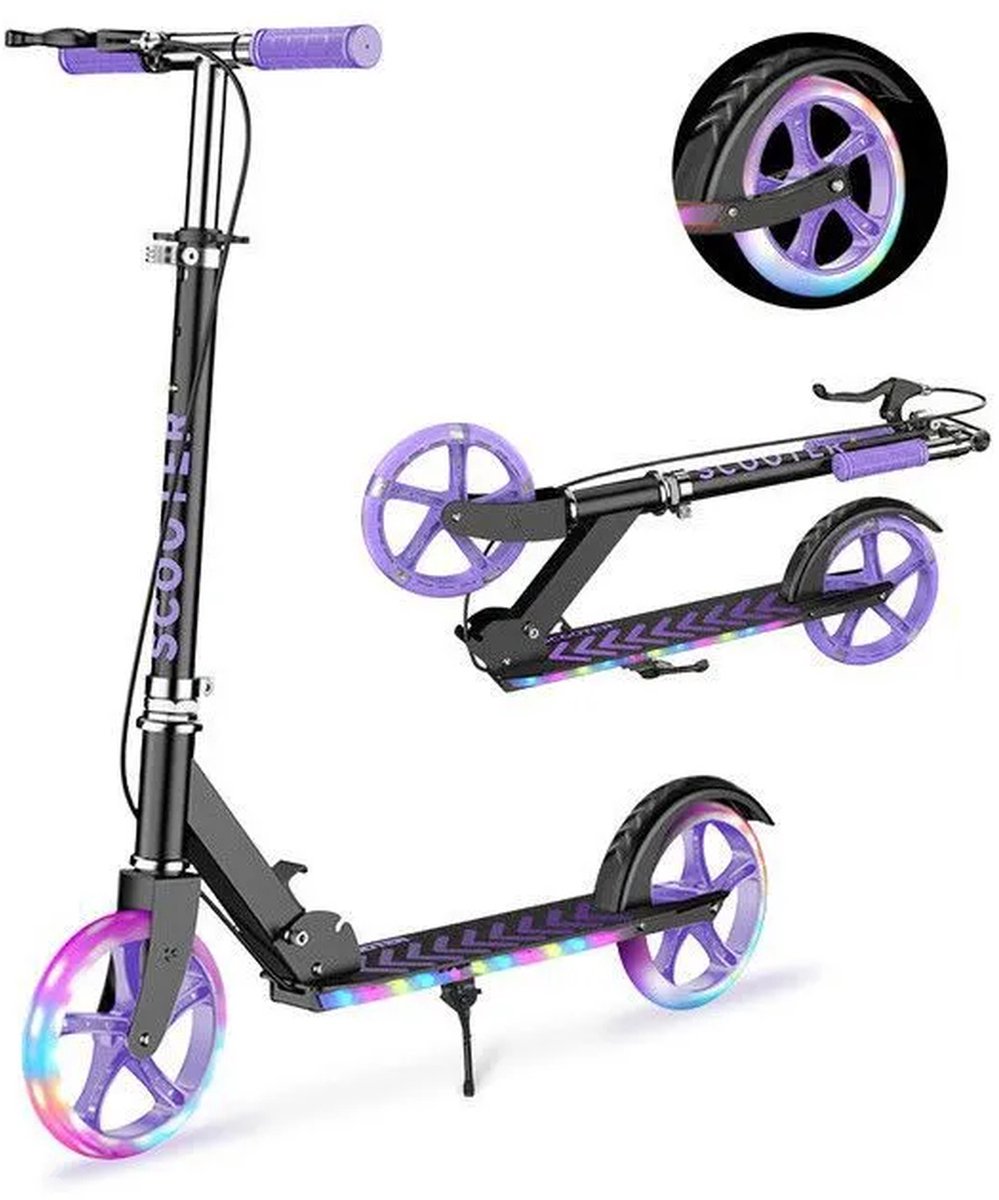 Step-Opvouwbare Step Verstelbaar stuur - Kinderstep 20 cm wielen met verlichting - Dubbel remsysteem - Draagvermogen 100 kg - Kinderen en Volwassenen-Paars