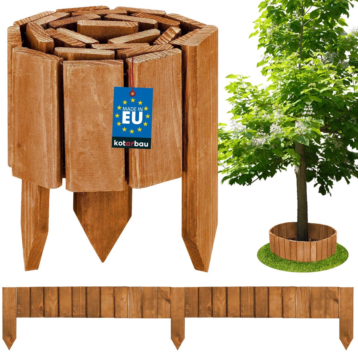 KOTARBAU® Bloembedrand, Rolborder, 110 x 10 cm, Eik, Tuinafscheiding, Houten Tuinhek, Borderrand, Palissade, Schapenhek, Tuindecoratie