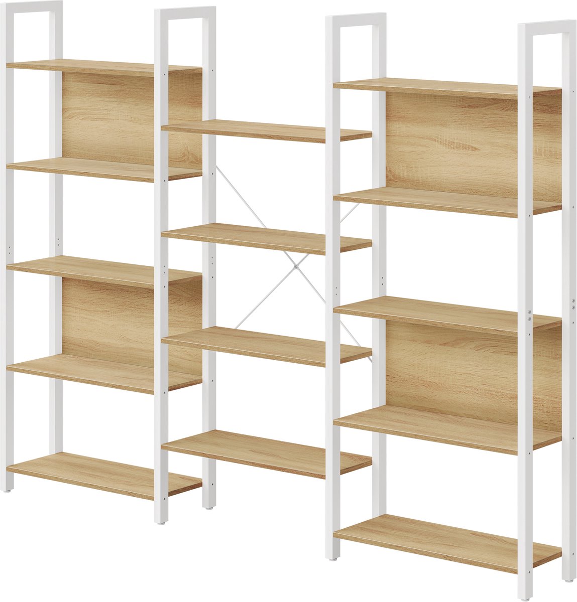Vasagle Boekenkast - Met 14 Planken - Metalen Frame - Voor Woonkamer Kantoor Industrieel Design Goud-eiken/mat wit