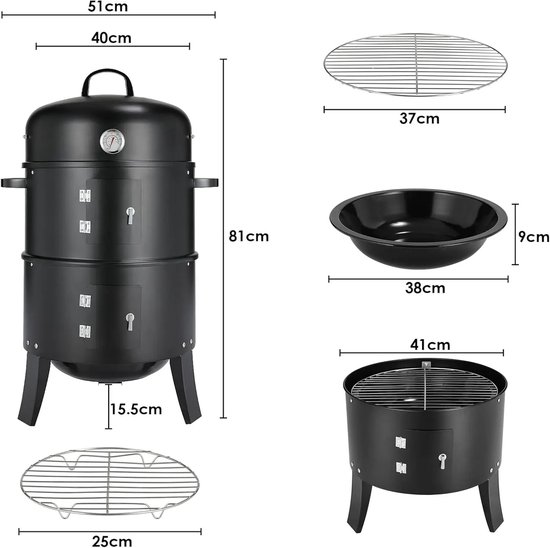 Seth Select Houtskool BBQ, Grill BBQ, Smoker BBQ, BBQ Smoker Grill met Handgrepen, 3-in-1 houtskool BBQ, Zwart van Merkloos — afbeelding 5