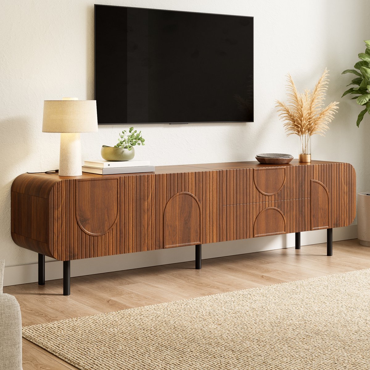 OKWISH Tv Meubel - 3 Deuren En 2 Laden - Met Kabeldoorvoer - Mid Century Stijl - MDF En Spaanplaat Walnoot - 180x40x47,5 Cm