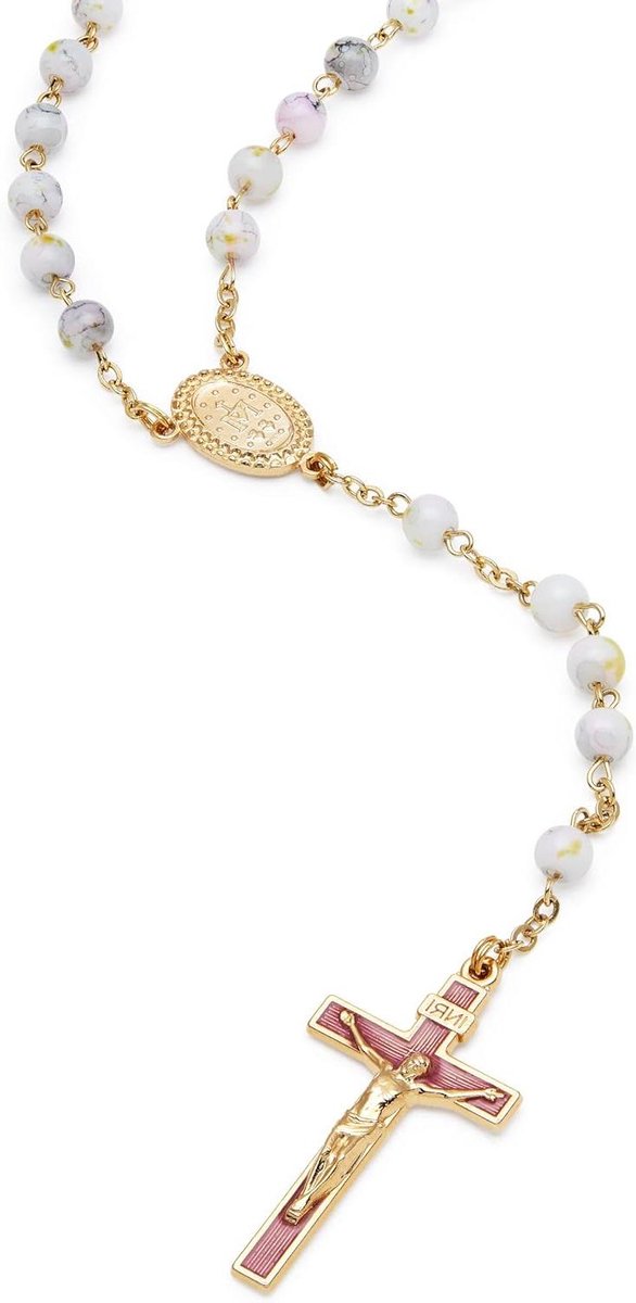 Rozenkrans Gebedssnoer - Religieus Sieraad - Spirituele Beoefening - Gevernist Glas - 45 cm Ketting - Zacht Roze