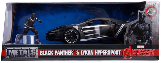 Verpakking met Black Panther en Lykan Hypersport speelgoedauto.