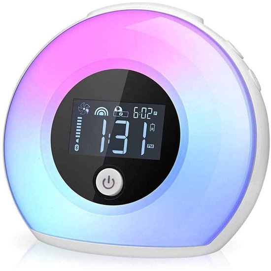 Ronde witte wekker met een digitaal display in het midden, omringd door een kleurrijk gloeiend licht dat overloopt van roze naar paars en blauw.
