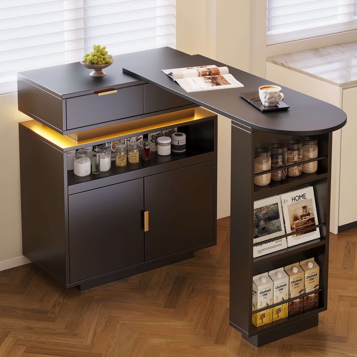 Sweiko Uitschuifbare bartafel - 115-183 × 40 × 99 cm - Keukeneiland - Opbergruimte - LED-verlichting - 360° draaibaar - Zwart