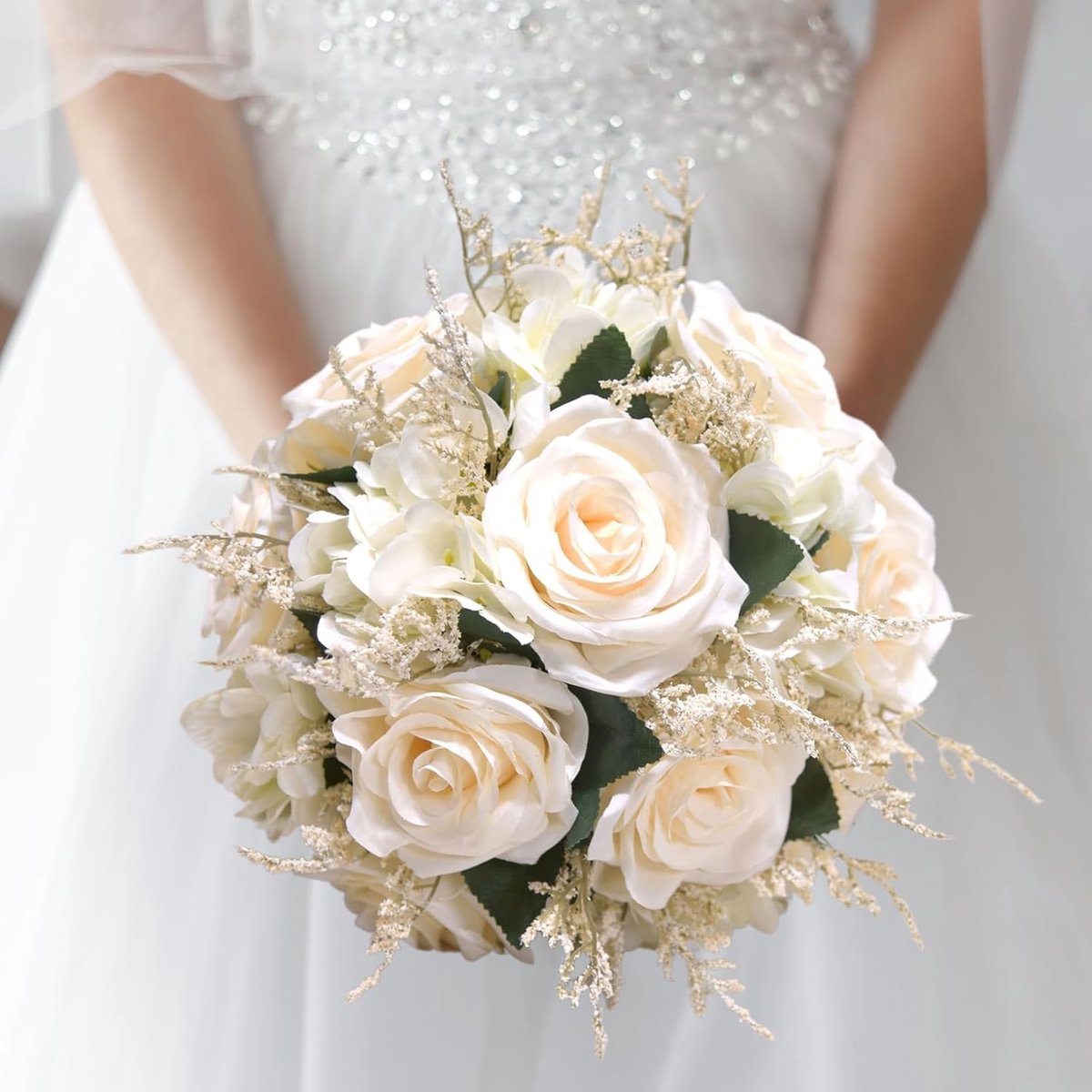 Bruidsboeket - Kunstboeket Rozen - Bruiloft Decoratie - Zijden Lint - 23 cm - Wit
