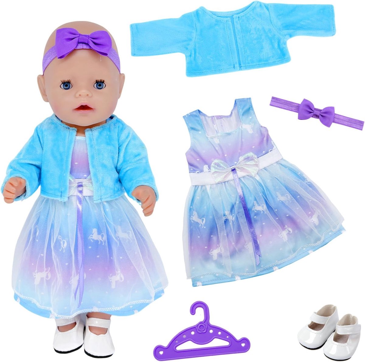 Poppenkleding set - Outfit voor poppen - Aankleed spelletjes - 5-delige set - 35-43 cm poppen - Blauw violet